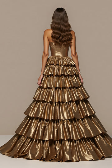 Tiered A Line Long Golden Prom Dress